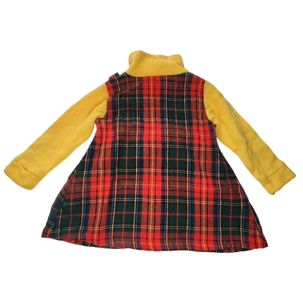 Vintage Plaid Jumper Dress Size 4 Yellow Red Blue One Piece Long Sleeve